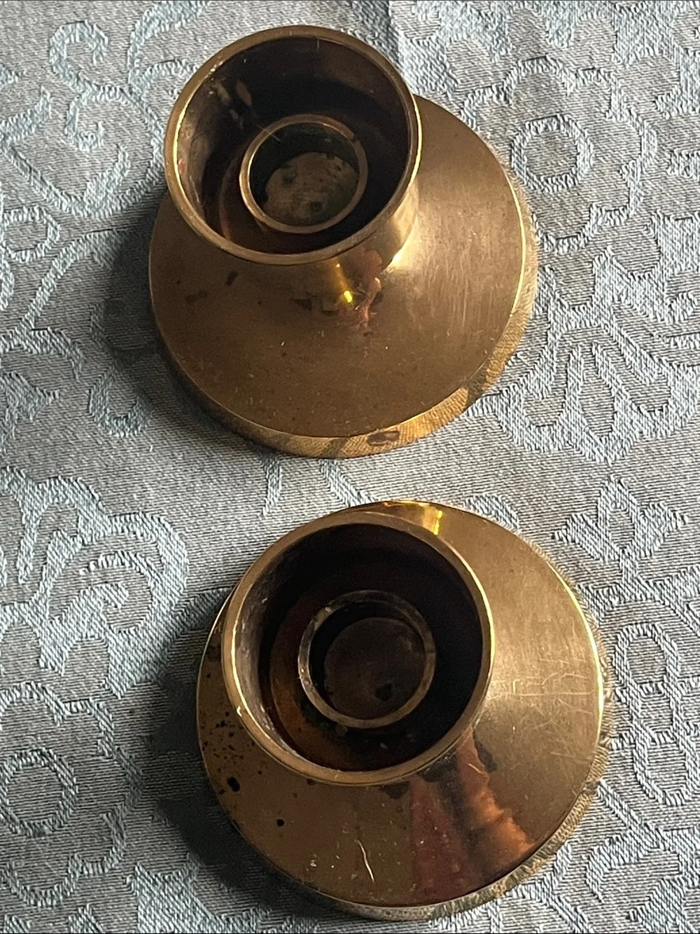 Solid Brass Candle Holders with Blue Taper Candles -Set of 2
